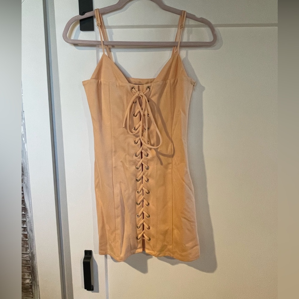 revolve peach colored tied up dress